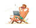 Man sitting on a lounger and working on the computer. Freelancer gets paid, sitting and relaxing on the beach on