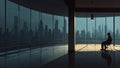 Man sitting in a modern office with panoramic city skyline view, working on laptop