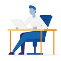 Man sitting on a chair with a laptop. Flat vector icon Royalty Free Stock Photo