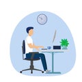 Man sitting in ofice near computer. Correct comfortable position. Working character. Stylish vector illustration