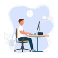 Man sitting in ofice near computer. Correct comfortable position. Working character. Stylish vector illustration