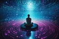 A man sitting with our back to us in a circle of floating holographic digital data. Generative AI illustration