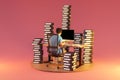 man sitting at pc office workplace on infinite background with stacks of document binders workload stress burnout concept 3D Royalty Free Stock Photo