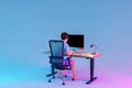 man sitting at pc office workplace on isolated infinite background workload stress burnout concept 3D Illustration