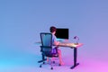 man sitting at pc office workplace on isolated infinite background workload stress burnout concept 3D Illustration