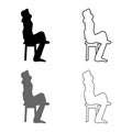 Man sitting pose with hands behinds head Young man sits on a chair with his leg thrown silhouette icon set grey black color