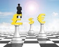 Man sitting on pound symbol of money chess on chessboard Royalty Free Stock Photo