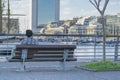 Man Sitting at Puerto Madero Boardwalk in Buenos Aires Argentina Royalty Free Stock Photo