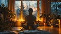 A man sitting quietly in a meditation pose at home, surrounded by soft lighting, showing the use of mindfulness and