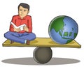 man sitting reading a book in balance with the earth illustration