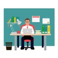 Man sitting on red chair in office. Businessman vector illustration.