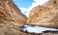 Man sitting at river side. Frozen Zanskar River and Beautiful Mountain. River flow curve