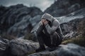 Man Sitting On Rock With His Head Down And Hands Covering His Face, Appearing To Be Feeling Hopeless Or Defeated. Generative AI