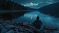 man sitting on a rocky shore, admiring the full moon reflecting on the calm waters of a lake generative ai Royalty Free Stock Photo