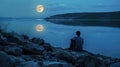 man sitting on a rocky shore, admiring the full moon reflecting on the calm waters of a lake generative ai Royalty Free Stock Photo