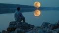 man sitting on a rocky shore, admiring the full moon reflecting on the calm waters of a lake generative ai Royalty Free Stock Photo