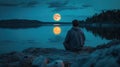 man sitting on a rocky shore, admiring the full moon reflecting on the calm waters of a lake generative ai Royalty Free Stock Photo