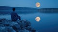 man sitting on a rocky shore, admiring the full moon reflecting on the calm waters of a lake generative ai Royalty Free Stock Photo