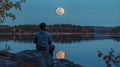 man sitting on a rocky shore, admiring the full moon reflecting on the calm waters of a lake generative ai Royalty Free Stock Photo