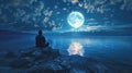 man sitting on a rocky shore, admiring the full moon reflecting on the calm waters of a lake generative ai Royalty Free Stock Photo