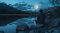 man sitting on a rocky shore, admiring the full moon reflecting on the calm waters of a lake generative ai Royalty Free Stock Photo