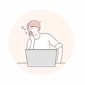 Man sitting and sleep or yawn in front of laptop. Boring, tired, work hard concept. Hand drawn character style vector