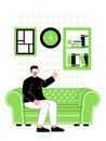 man sitting on sofa wearing a VR headset concepts of virtual reality augmented reality technology for gaming and home Royalty Free Stock Photo