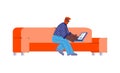 Man sitting on sofa and working at home, sketch vector illustration isolated.