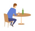 Man sitting by the table with a bottle of wine in front of him. Having a drink in a bar or cafe. Flat vector