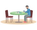 Man sitting at table and playing with cards. Male character spends time with poker game, gambling Royalty Free Stock Photo