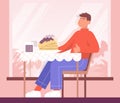 Man sitting at a table in a restaurant is enjoying food. Color vector