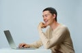 Man is using laptop for communication in chat or video chat. Social media concept. Royalty Free Stock Photo