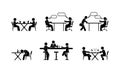 Man sitting at the table, various situations in the cafe and office, communication of people