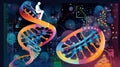A man sitting on top of a table next to a double - stranded strand of dna. AI generative image.