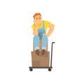 Man Sitting Unhappy On Pile Of Boxes On Cargo Cart, Delivery Company Employee Delivering Shipments Illustration