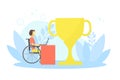 Man Sitting in Wheelchair and Working at Computer, Disabled Person Sitting Next Winner Cup Vector Illustration