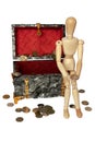 Man sitting on the wooden chest with money Royalty Free Stock Photo