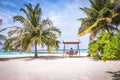 Man sitting on a wooden swing on a tropical beach in Maldives Royalty Free Stock Photo