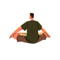 Man sitting in yoga asana, lotus pose back view. Person relax, rest in retreat, care about mind, mental wellness