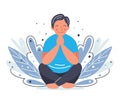 Man sitting yoga pose. Meditation and relaxation exercise concept. Person praying and smiling. Vector flat illustration.