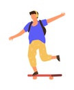 Man on skateboard. Cartoon boy riding board. Young male listening to music with headphones. Teenager balancing on Royalty Free Stock Photo