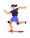 Man on skateboard. Cartoon teenager riding board. Boy speeding on longboard. Extreme urban sport. Young skateboarder in Royalty Free Stock Photo