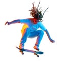 Man skateboarder performing freestyle tricks in motion isolated white studio background in mixed neon light. Concept of Royalty Free Stock Photo