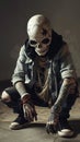 A man in a skeleton costume kneeling down with his hands on the ground, AI