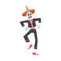 Man Skeleton in Mexican Traditional Costume and Sombrero Hat Dancing, Dia de Muertos, Day of the Dead Cartoon Style Royalty Free Stock Photo