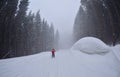 A man ski on the forest trail,Bukovel