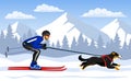 Man Ski with his dog bernese in mountains