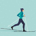 Man skier in motion. Cross country skiing man. Young man on skies. Vector illustration in flat style.