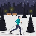 Man skier in motion in a snowy city park among the fir trees. Cross country skiing man. Young man on skies in the city. Vector ill