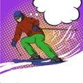 Man skier skiing in mountains. Vector illustration in pop art retro style. Winter sports vacation concept
